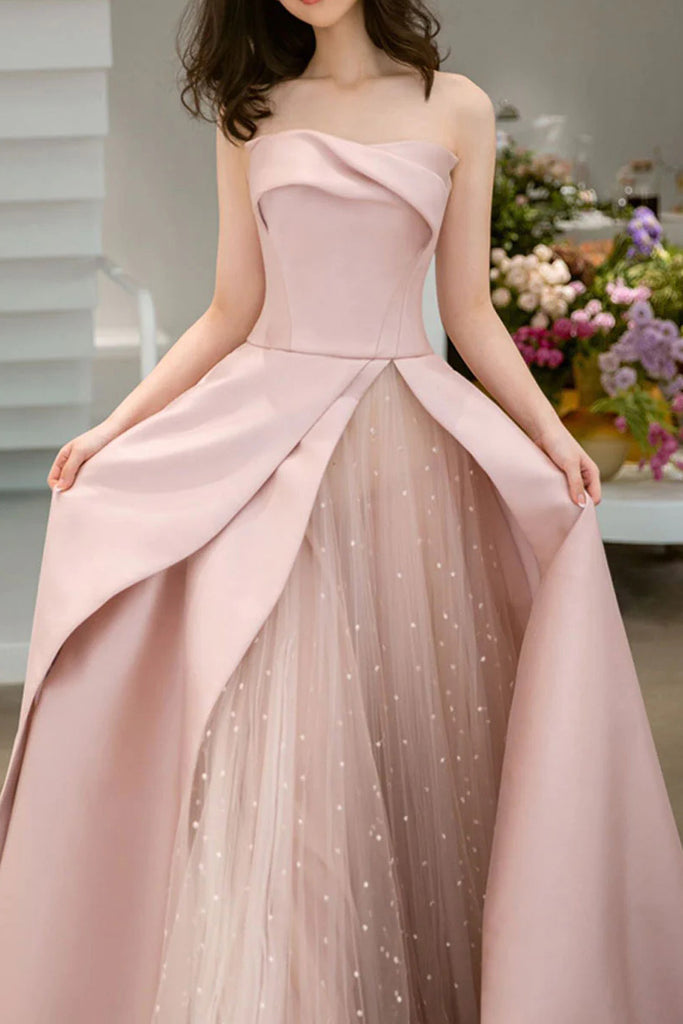 Simple A line Pink Strapless Satin Sleeveless Floor Length Long Prom Dresses OM0399