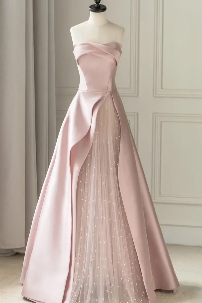 Simple A line Pink Strapless Satin Sleeveless Floor Length Long Prom Dresses OM0399