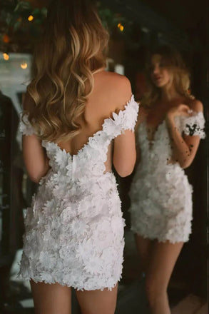Sheath V-Neck Off-Shoulder 3D Flower Appliques Mini Wedding Dress, Lace Bridal Dress OW0161