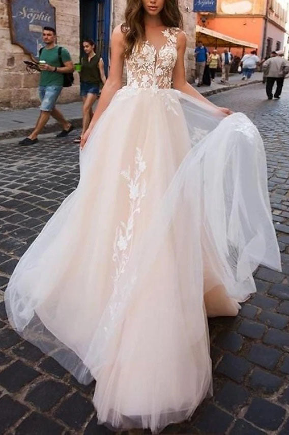 Elegant A line V neck Sleeveless Wedding Dress With Appliques Lace, Long Beach Bridal Dress OW0156