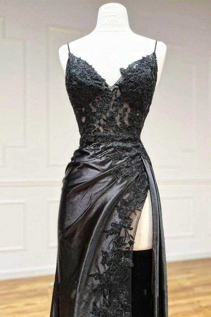 Elegant A Line Black Spaghetti Straps V Neck Sleeveless Long Prom Dresses With Slit OM0419