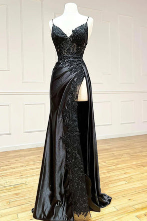 Elegant A Line Black Spaghetti Straps V Neck Sleeveless Long Prom Dresses With Slit OM0419