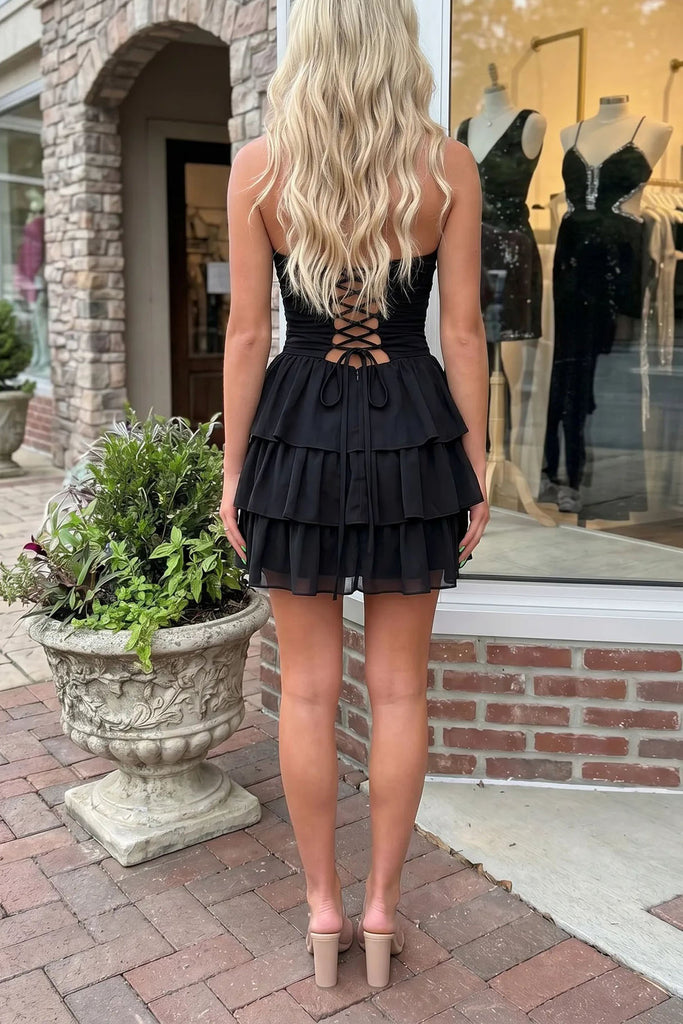 A Line Black Strapless Ruched Cutout Tiered Ruffle Mini Homecoming Dress OMH0322