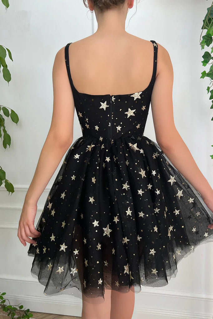 A line Tulle Black Sweetheart Sleeveless Homecoming Dresses With Stars OMH0295