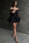 Simple A Line Black Off the Shoulder Long Sleeves Sheer Lace Beaded Homecoming Dress OMH0301