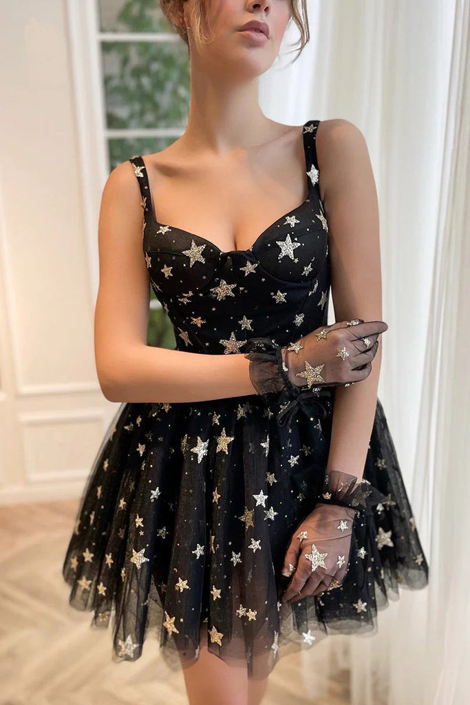 A line Tulle Black Sweetheart Sleeveless Homecoming Dresses With Stars OMH0295