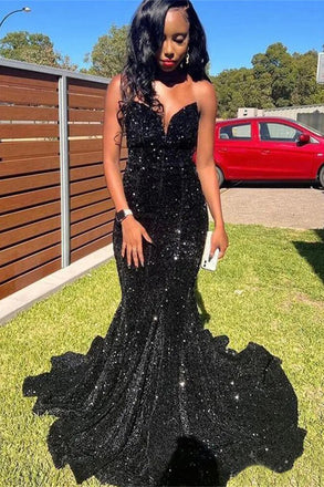 Black Mermaid Strapless V neck Long Prom Dresses, Sequins Evening Gowns OM0429