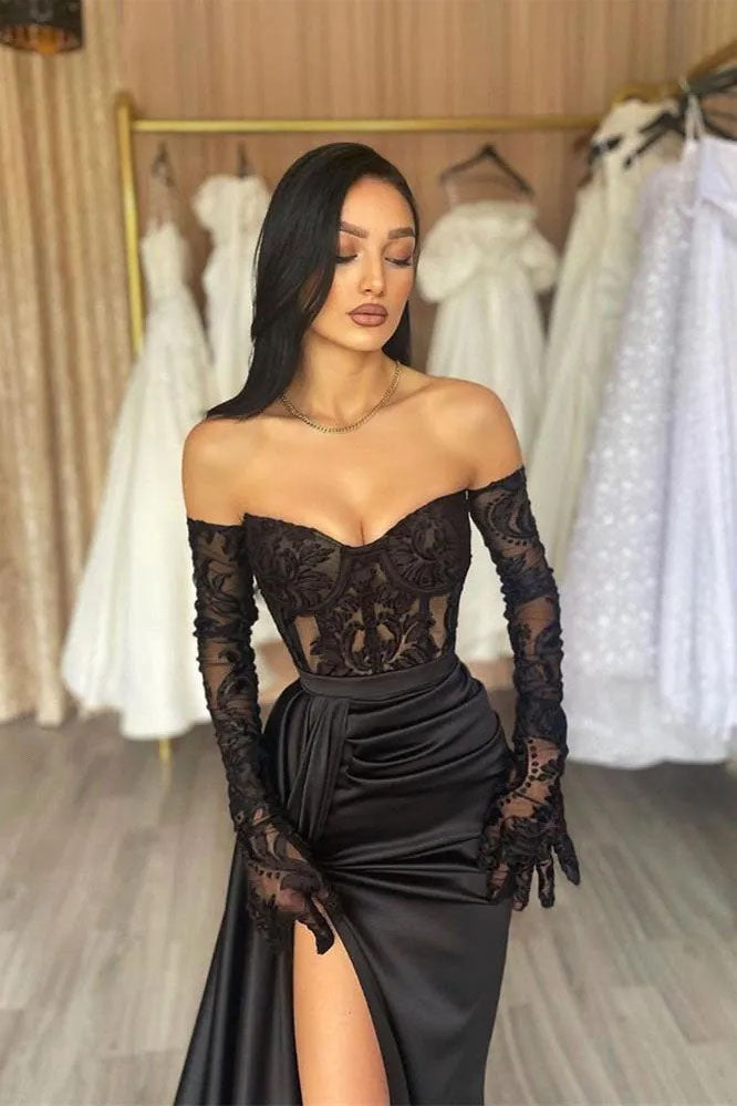 Black Sweetheart Long Sleeves Appliques Lace Long Prom Dresses With Slit OM0423