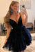 A Line Black Spaghetti Straps Tiered Tulle Homecoming Dresses with V Neck,Dance Dress OMH0271