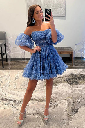 A Line Blue Printed Detachable Sleeves Ruffled Homecoming Dress, Dance Dresses OMH0275