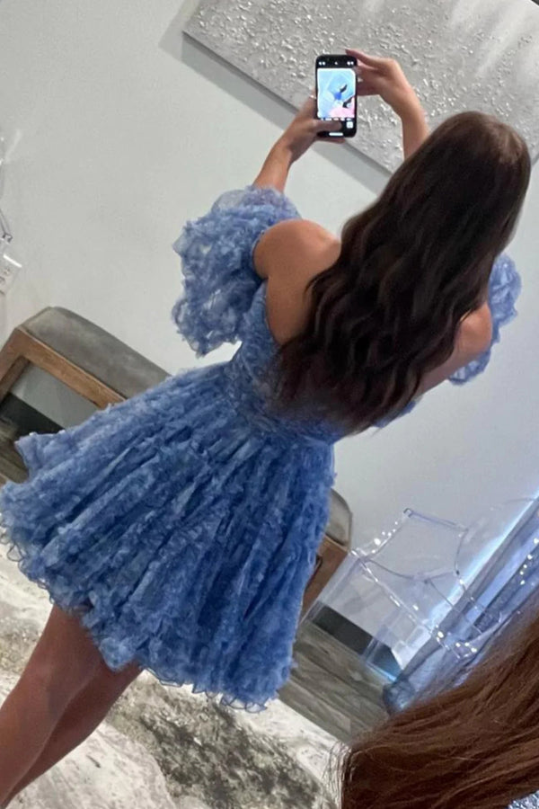 A Line Blue Printed Detachable Sleeves Ruffled Homecoming Dress, Dance Dresses – trendtydresses