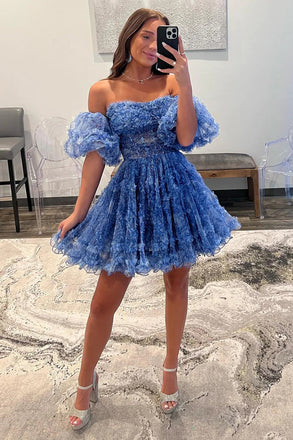 A Line Blue Printed Detachable Sleeves Ruffled Homecoming Dress, Dance Dresses OMH0275