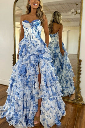 Elegant A Line Blue Floral Printed Chiffon Corset Prom Dresses With Slit, Long Evening Dress OM0443