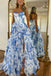 Elegant A Line Blue Floral Printed Chiffon Corset Prom Dresses With Slit, Long Evening Dress OM0443