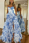 Elegant A Line Blue Floral Printed Chiffon Corset Prom Dresses With Slit, Long Evening Dress OM0443