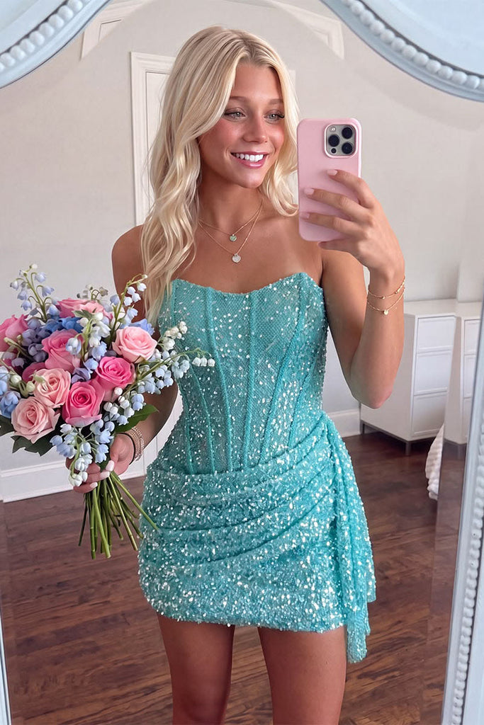 Sheath Sequin Sweetheart Bodycon Sleeveless Short Corset Homecoming Dress OMH0319