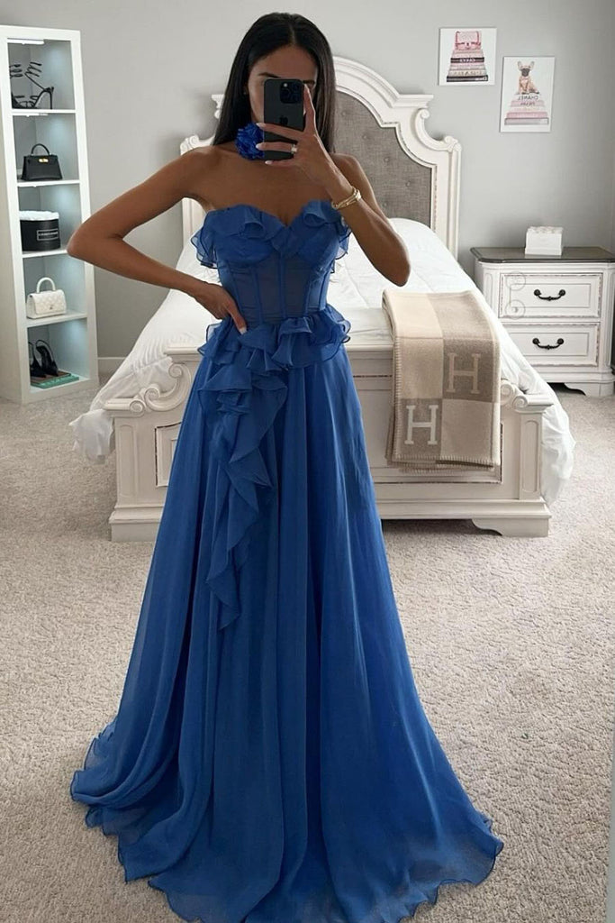 A line Royal Blue Strapless Ruffles Sweetheart Sleeveless Sweep Train Prom Dresses OM0437