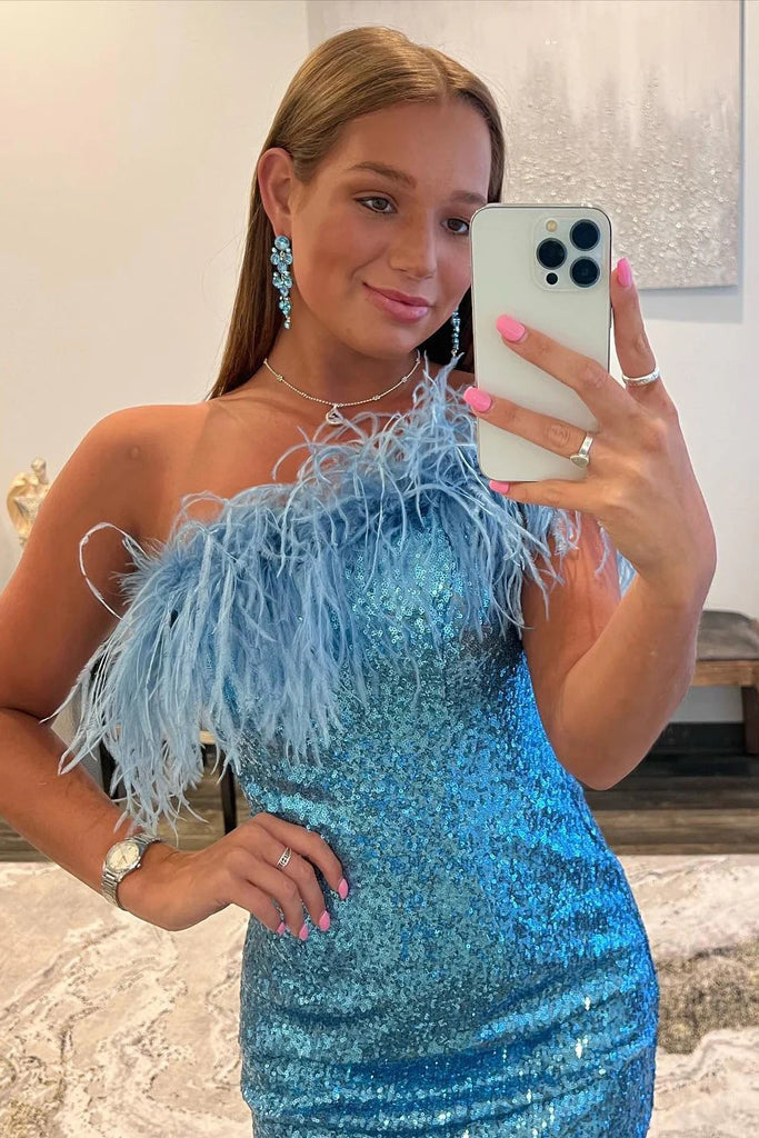 Tight Blue Sequins One Shoulder Homecoming Dress with Feathers, Dance Dresses OMH0265