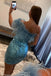 Tight Blue Sequins One Shoulder Homecoming Dress with Feathers, Dance Dresses OMH0265