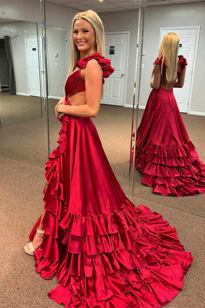 A line Burgundy Ruffled Crossed Top Layers Long Prom Dresses With Slit OM0409