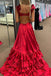 A line Burgundy Ruffled Crossed Top Layers Long Prom Dresses With Slit OM0409