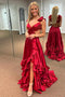 A line Burgundy Ruffled Crossed Top Layers Long Prom Dresses With Slit OM0409