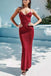 Sheath Burgundy Spaghetti Straps V Neck Sleeveless Prom Dress, Formal Dress OM0435