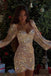 Sheath Champagne Long Sleeves Sequins Sweetheart Short Prom Dress, Homecoming Dress OMH0292