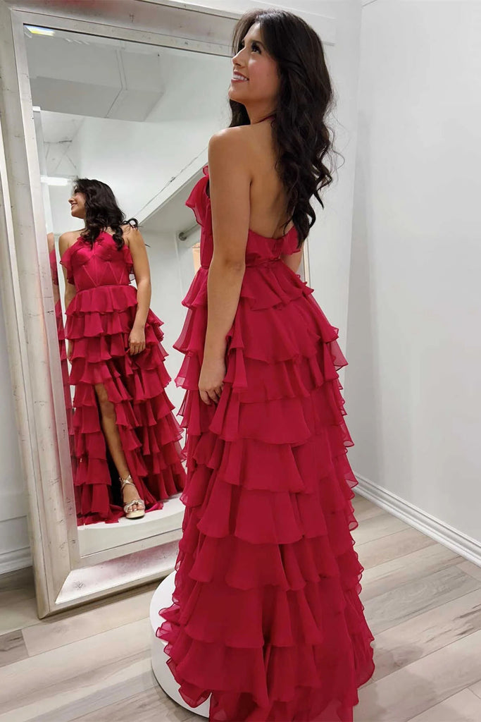 Simple A line Red Chiffon Halter Tiered Sleeveless Long Prom Dresses With Slit OM0414