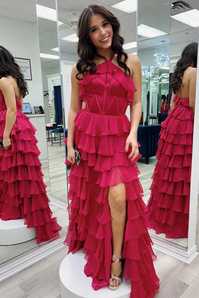 Simple A line Red Chiffon Halter Tiered Sleeveless Long Prom Dresses With Slit OM0414
