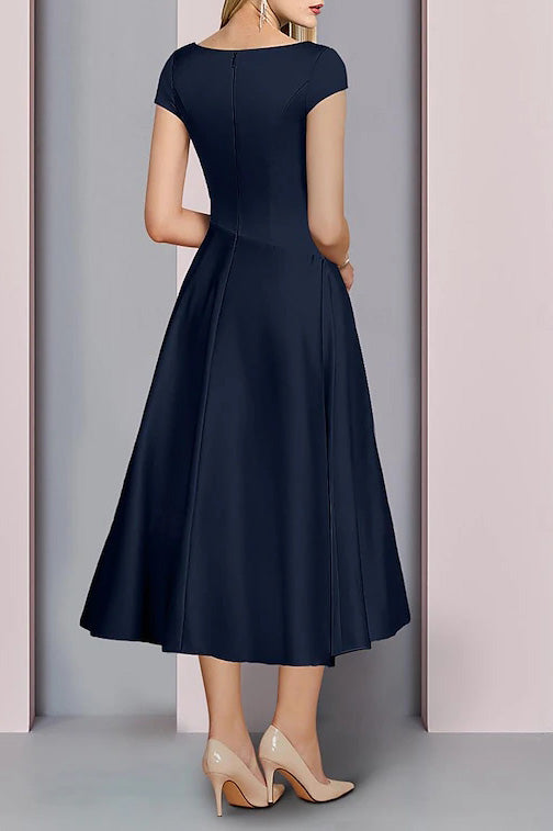 A Line V neck Short Sleeves Charmeuse Pleated Ankle Length Mother of the Bride Dress PM0001