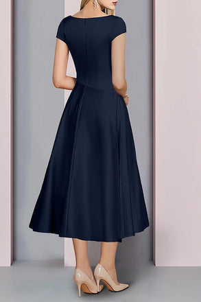A Line V neck Short Sleeves Charmeuse Pleated Ankle Length Mother of the Bride Dress PM0001