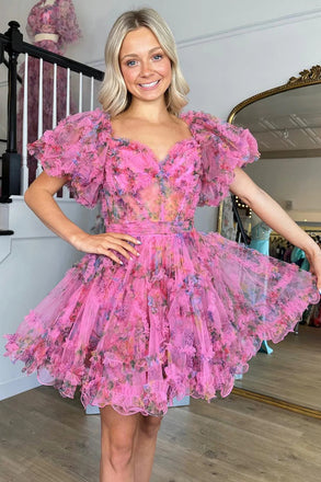A line Floral Puff Sleeves Sweetheart Corset Homecoming Dresses With Bowknot OMH0276