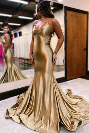 Mermaid Gold V Neck Sleeveless Sweep Train Long Prom Dresses With Cutout OM0392