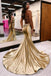 Mermaid Gold V Neck Sleeveless Sweep Train Long Prom Dresses With Cutout OM0392
