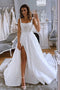 Gorgeous A line Tulle Scoop Sweep Train White Appliques Lace Wedding Dress With Slit OW0145