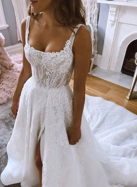 New Style A Line Straps Lace Appliques Wedding Dress, White Bridal Dresses With Slit OW0145