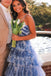 Halter A Line Blue Floral Printed Tulle Sleeveless Layers Long Prom Evening Dress OM0445