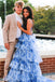 Halter A Line Blue Floral Printed Tulle Sleeveless Layers Long Prom Evening Dress OM0445