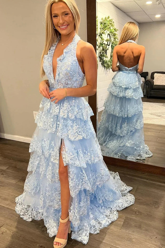 Glitter A-Line Halter Light Blue Tiered Tulle Long Prom Dresses with Appliques, Evening Dress OM0393