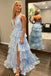 Glitter A-Line Halter Light Blue Tiered Tulle Long Prom Dresses with Appliques, Evening Dress OM0393
