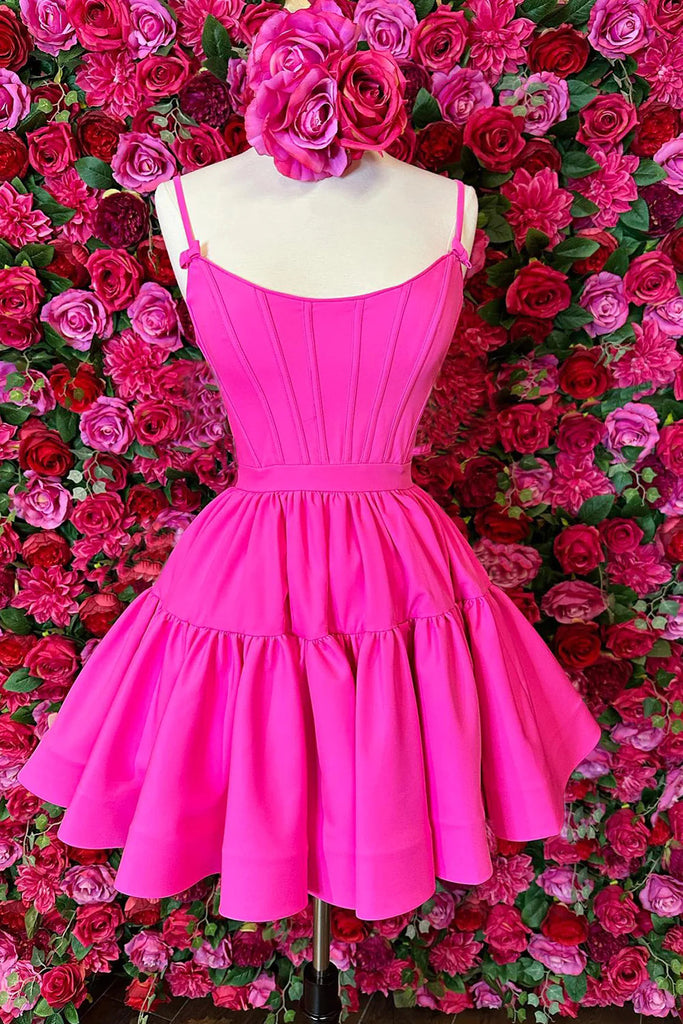 Hot Pink A Line Spaghetti Straps Satin Short Homecoming Dresses With Lace up OMH0285