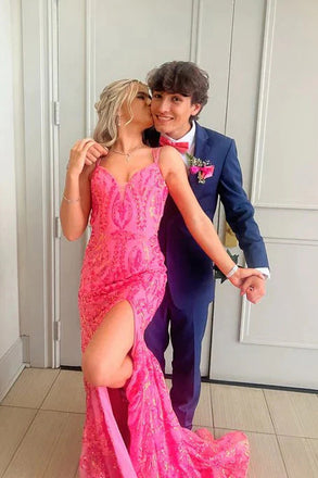 Mermaid Pink Lace Appliques V Neck Long Prom Dress, Slit Evening Dresses OM0387