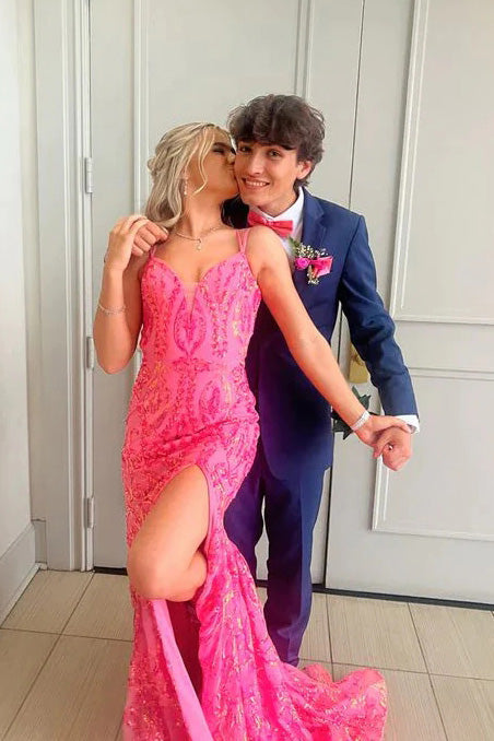 hot pink dresses with slit Hot Pink Strapless A-line Floral Long Prom Dress with Slit Hot Pink / Custom Size