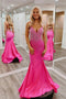 Unique Mermaid Hot Pink V Neck Long Prom Dress, Formal Evening Dresses OM0394