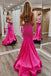 Unique Mermaid Hot Pink V Neck Long Prom Dress, Formal Evening Dresses OM0394