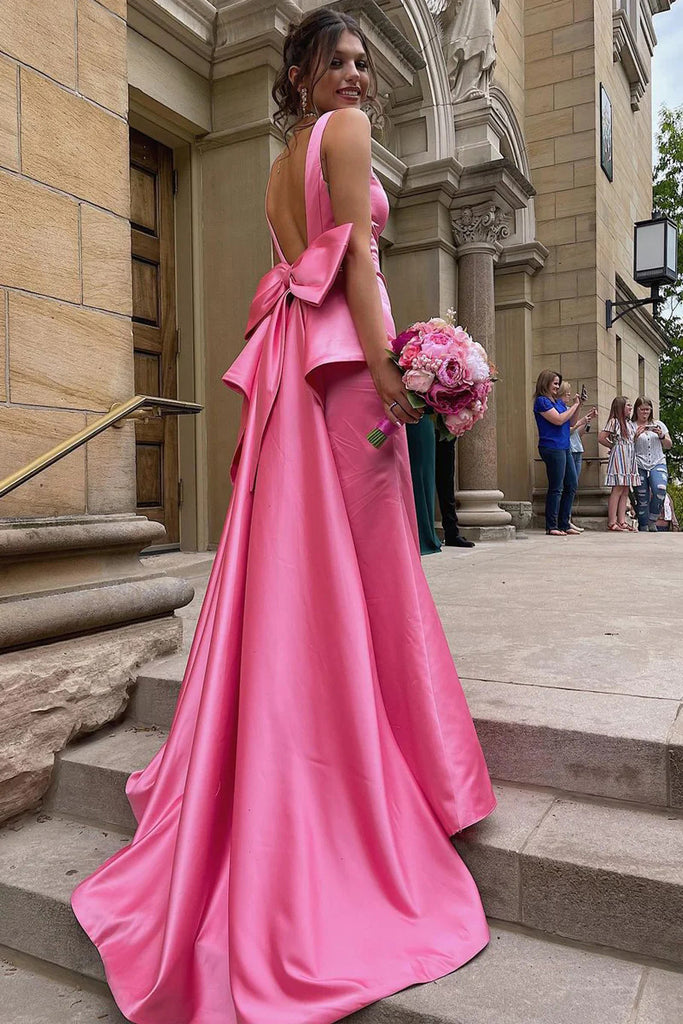 Elegant Hot Pink Mermaid V Neck Satin Prom Dresses With Slit, Dance Dresses OM0403