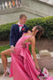 Elegant Hot Pink Mermaid V Neck Satin Prom Dresses With Slit, Dance Dresses OM0403