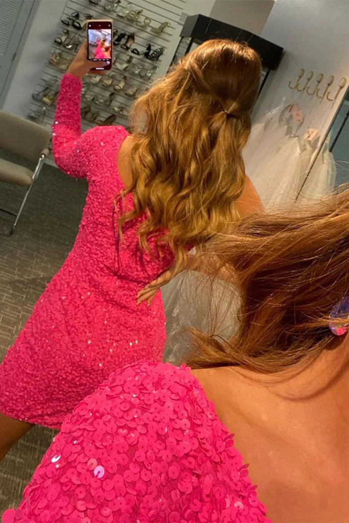 Sparkly Hot Pink Sequins One Shoulder Sweet 15 Dresses with Long Sleeves, Homecoming Dress OMH0264