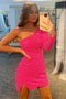 Sparkly Hot Pink Sequins One Shoulder Sweet 15 Dresses with Long Sleeves, Homecoming Dress OMH0264